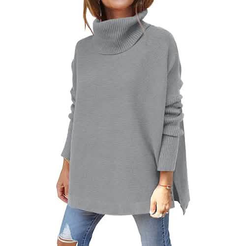 Women's Turtleneck Oversized Sweaters Long Batwing Sleeve Spilt Hem Tunic - A-1 Thread Vault