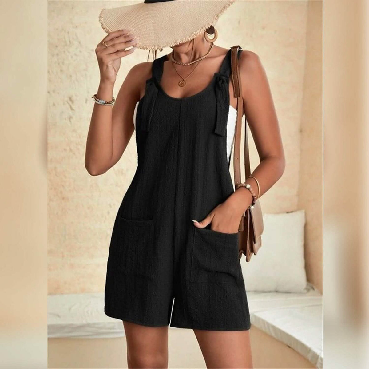 Women's U-Neck Strap Pocket Jumpsuit Solid Color - A-1 Thread Vault