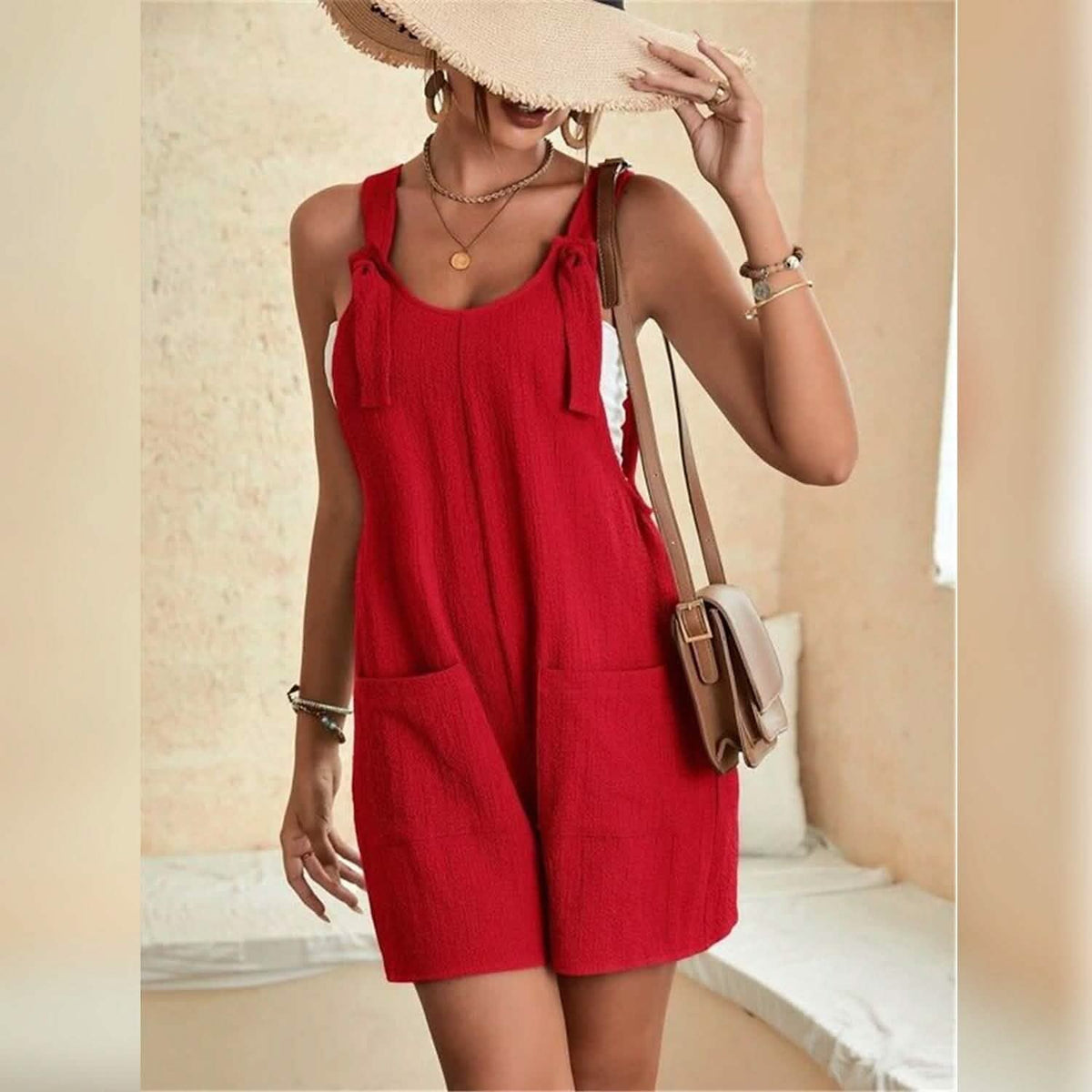 Women's U-Neck Strap Pocket Jumpsuit Solid Color - A-1 Thread Vault