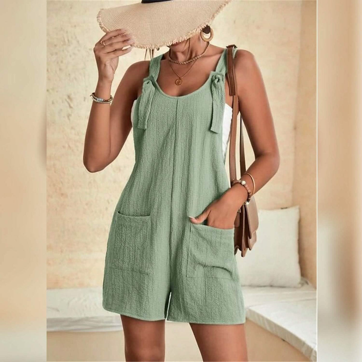 Women's U-Neck Strap Pocket Jumpsuit Solid Color - A-1 Thread Vault