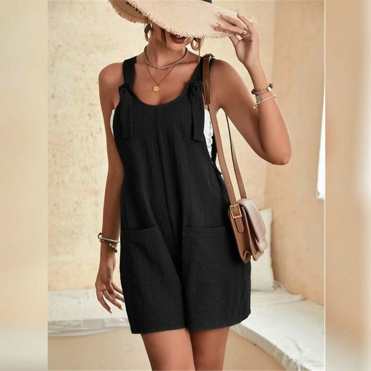 Women's U-Neck Strap Pocket Jumpsuit Solid Color - A-1 Thread Vault