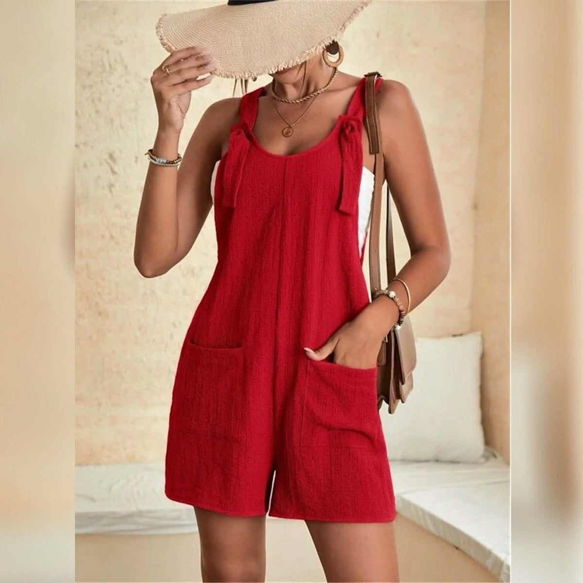 Women's U-Neck Strap Pocket Jumpsuit Solid Color - A-1 Thread Vault