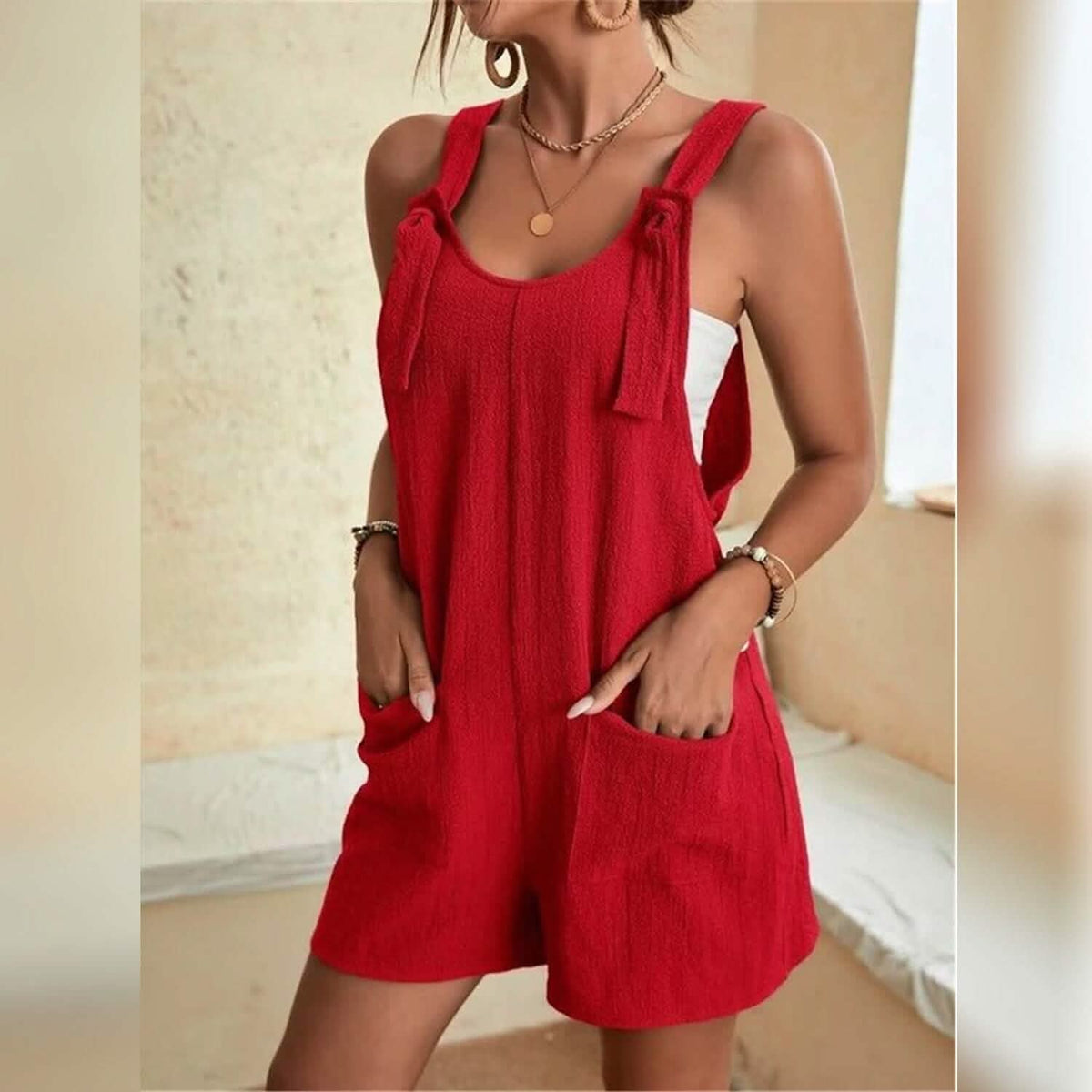 Women's U-Neck Strap Pocket Jumpsuit Solid Color - A-1 Thread Vault