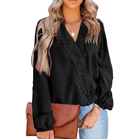 Women's V Neck Chiffon Lace Pom Pom Long Sleeve Top - A-1 Thread Vault