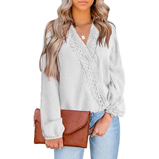 Women's V Neck Chiffon Lace Pom Pom Long Sleeve Top - A-1 Thread Vault