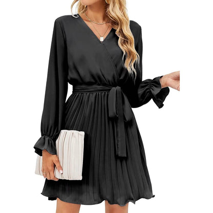Womens Wrap V Neck Pleated Long Sleeve Mini Dresses - A-1 Thread Vault