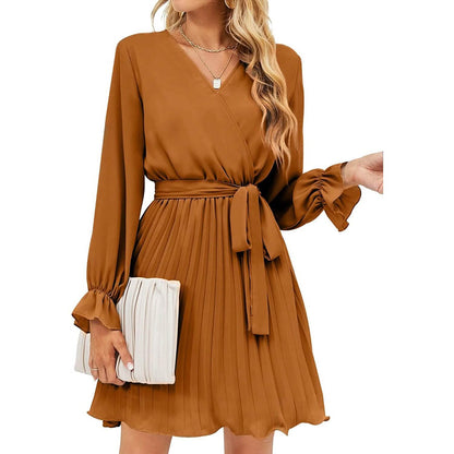 Womens Wrap V Neck Pleated Long Sleeve Mini Dresses - A-1 Thread Vault