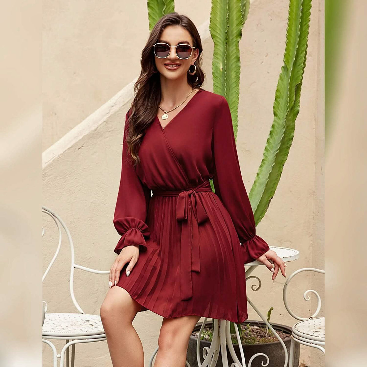 Womens Wrap V Neck Pleated Long Sleeve Mini Dresses - A-1 Thread Vault