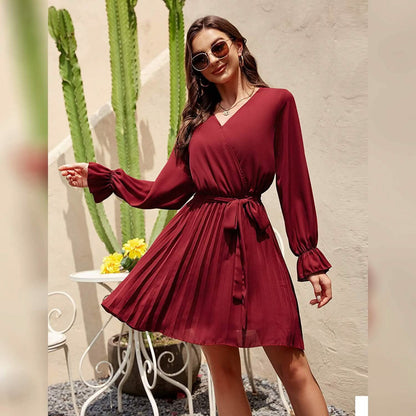 Womens Wrap V Neck Pleated Long Sleeve Mini Dresses - A-1 Thread Vault