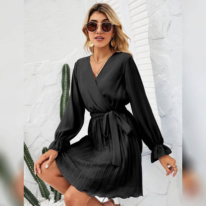 Womens Wrap V Neck Pleated Long Sleeve Mini Dresses - A-1 Thread Vault