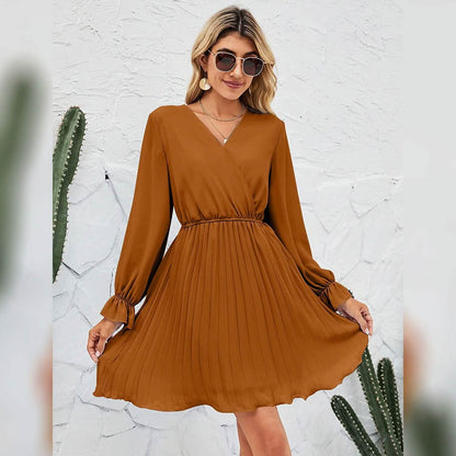 Womens Wrap V Neck Pleated Long Sleeve Mini Dresses - A-1 Thread Vault