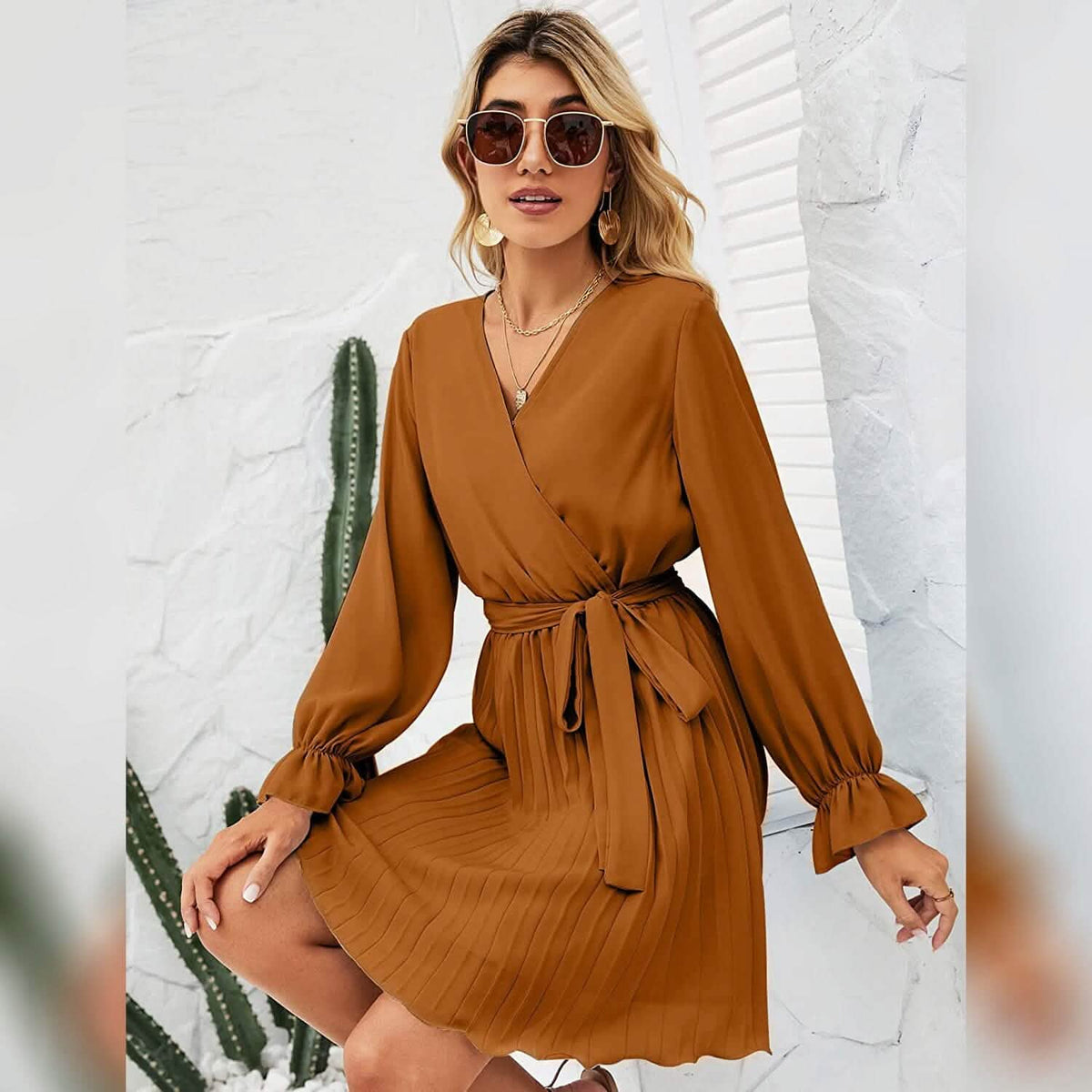 Womens Wrap V Neck Pleated Long Sleeve Mini Dresses - A-1 Thread Vault