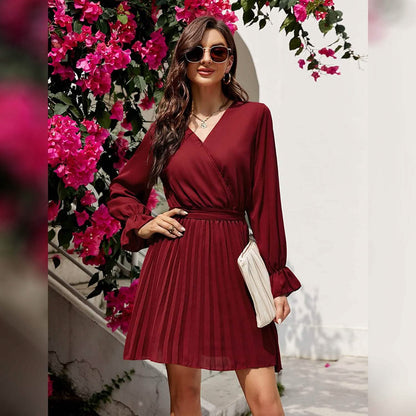 Womens Wrap V Neck Pleated Long Sleeve Mini Dresses - A-1 Thread Vault