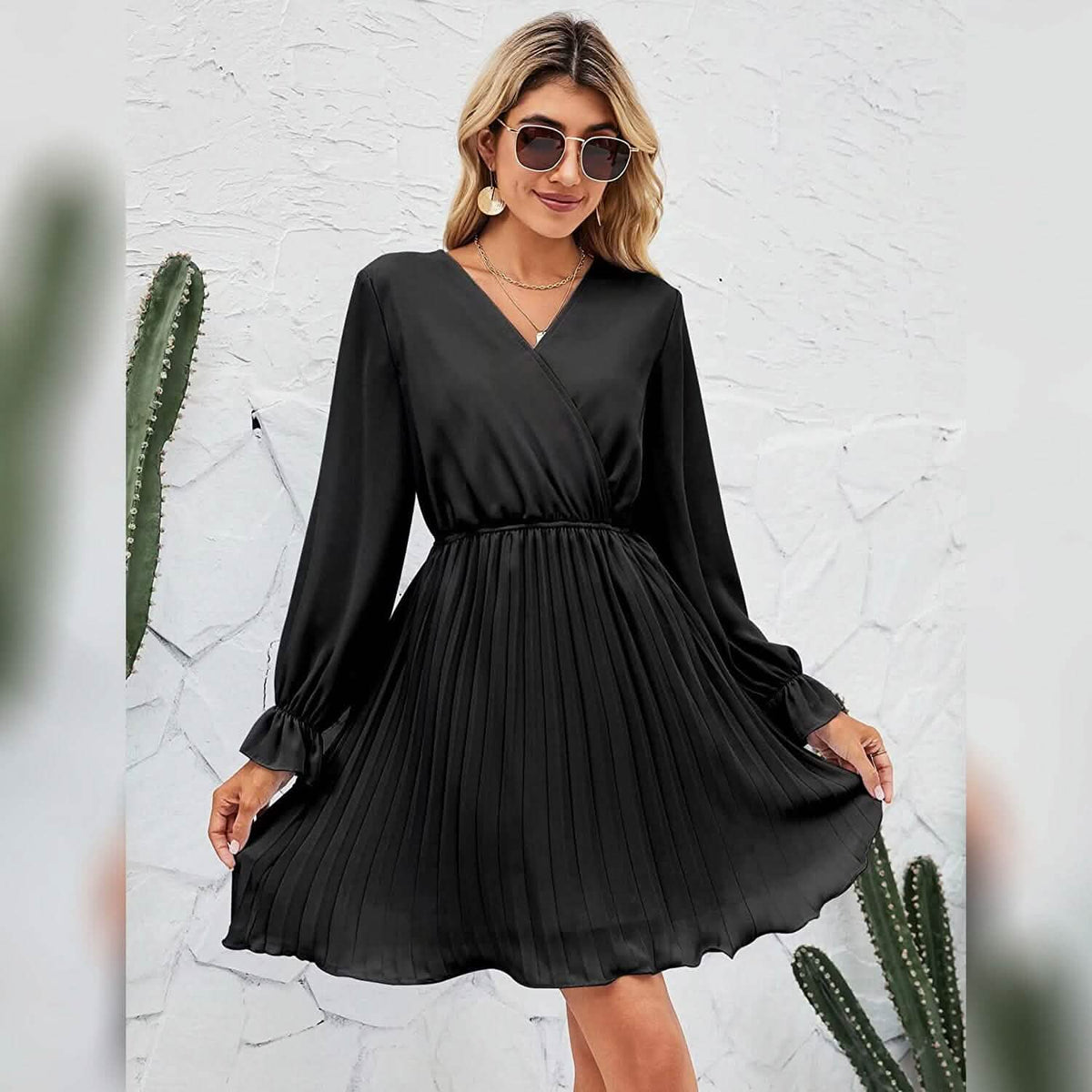 Womens Wrap V Neck Pleated Long Sleeve Mini Dresses - A-1 Thread Vault