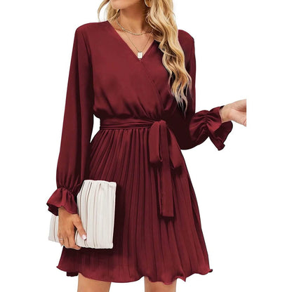 Womens Wrap V Neck Pleated Long Sleeve Mini Dresses - A-1 Thread Vault