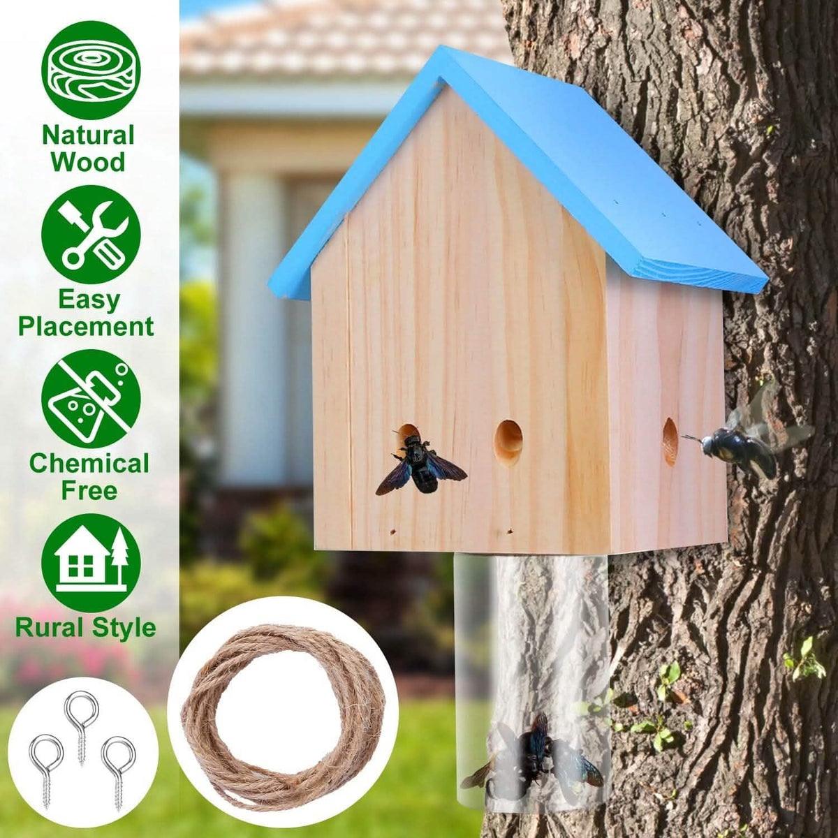 Wood Carpenter Bee Trap Outdoor Natural Pine Wood - A-1 Thread Vault