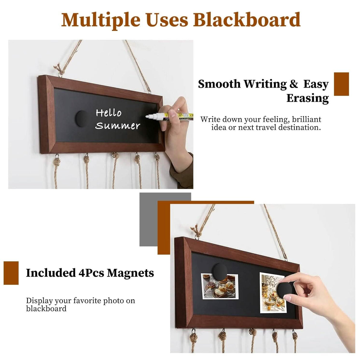 Wooden Hanging Picture Frame Display String Ropes with 30 Clips Writable Blackboard - A-1 Thread Vault
