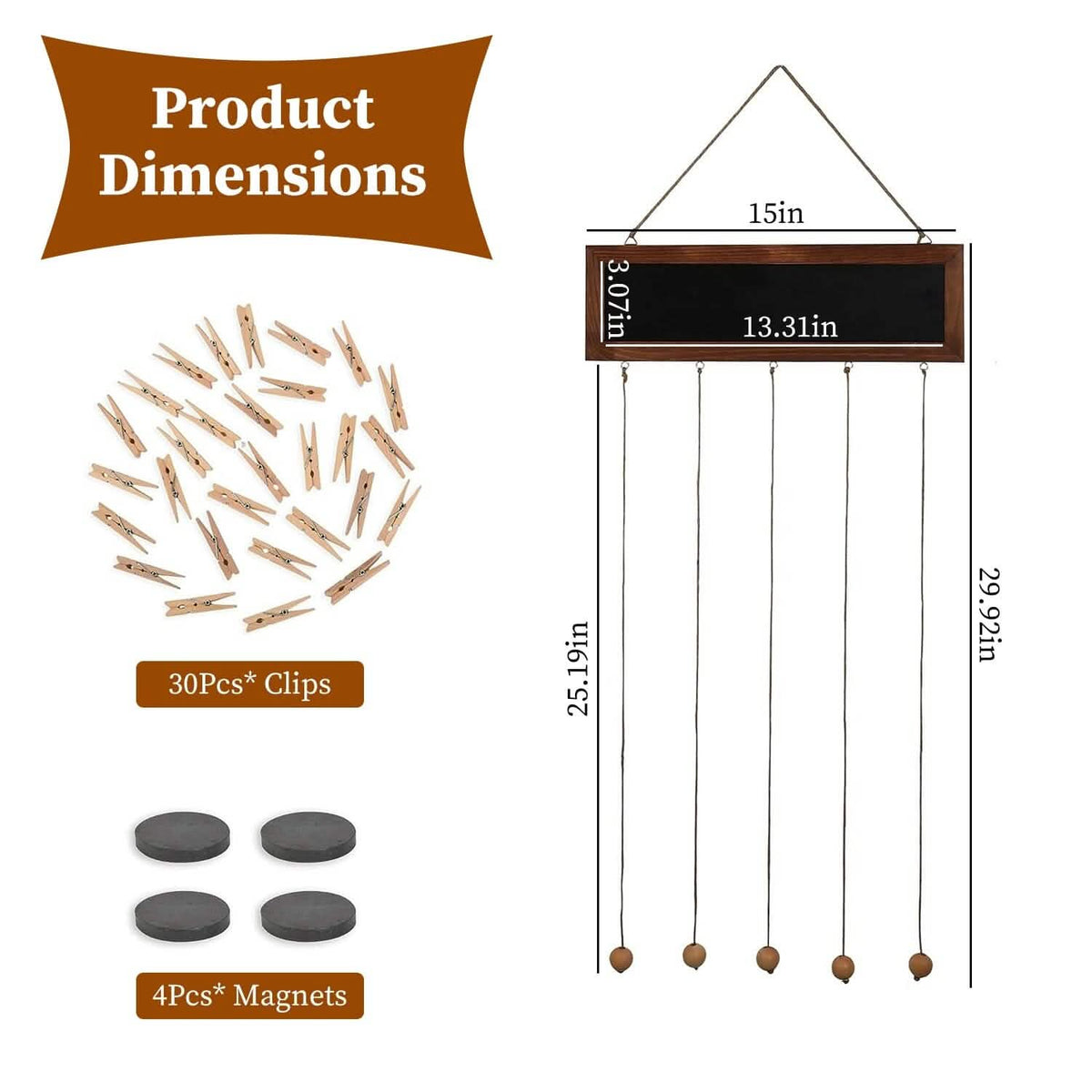 Wooden Hanging Picture Frame Display String Ropes with 30 Clips Writable Blackboard - A-1 Thread Vault