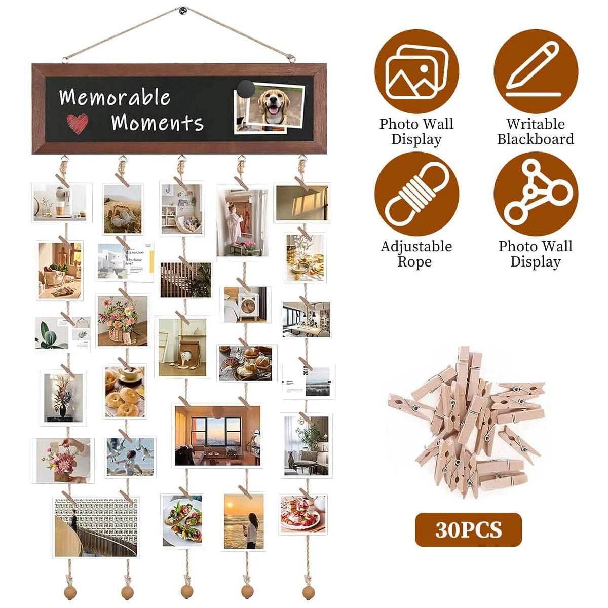 Wooden Hanging Picture Frame Display String Ropes with 30 Clips Writable Blackboard - A-1 Thread Vault