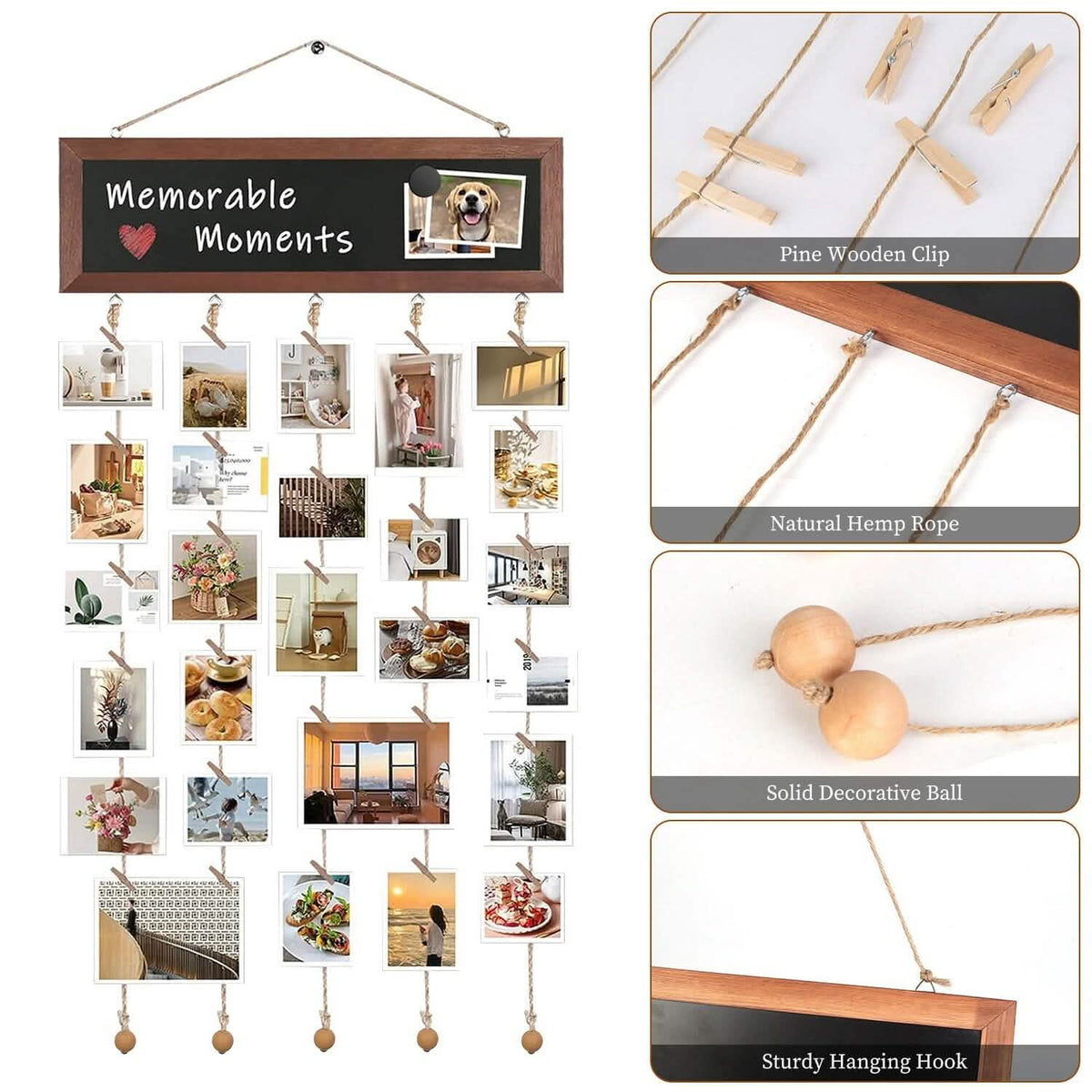 Wooden Hanging Picture Frame Display String Ropes with 30 Clips Writable Blackboard - A-1 Thread Vault