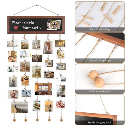 Wooden Hanging Picture Frame Display String Ropes with 30 Clips Writable Blackboard - A-1 Thread Vault