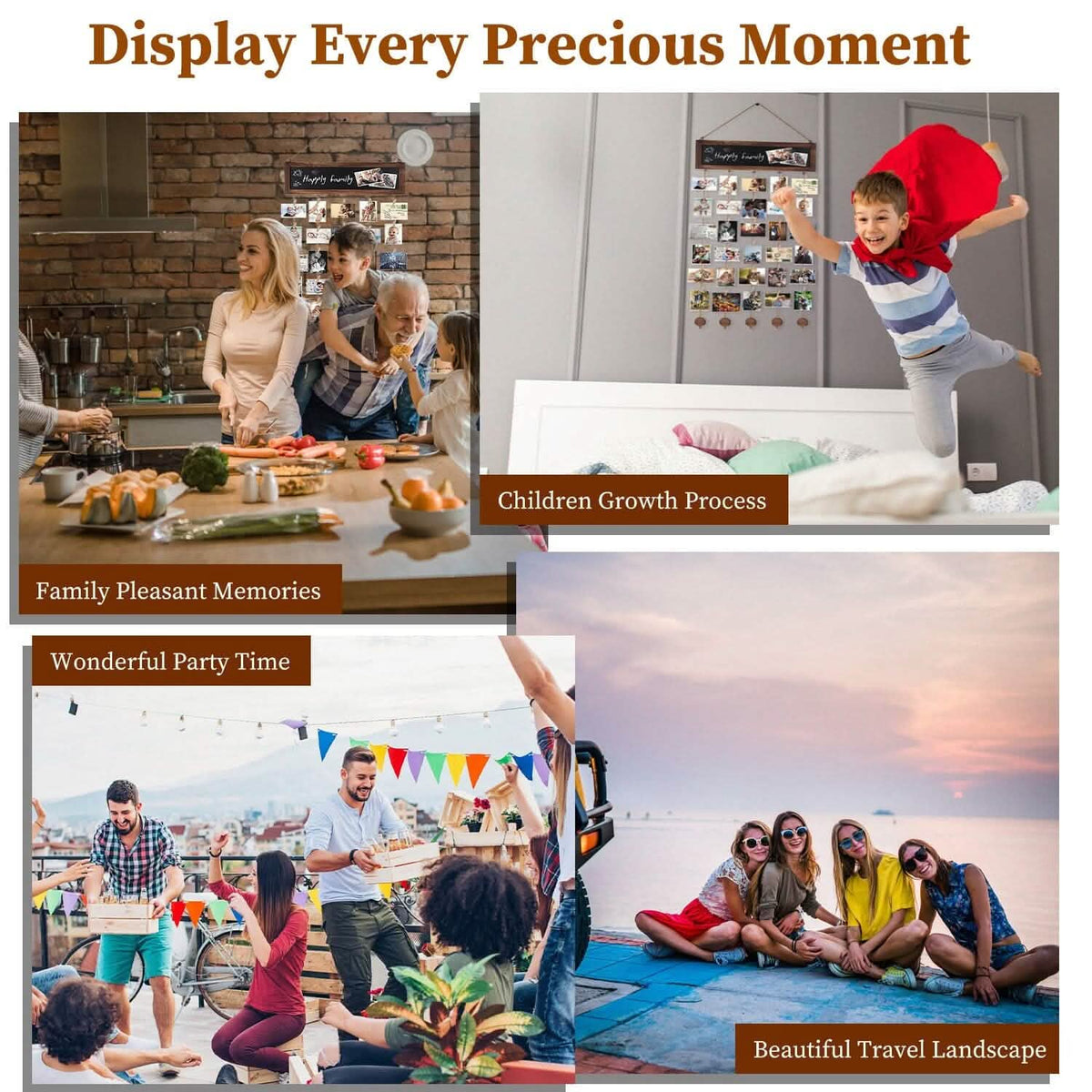 Wooden Hanging Picture Frame Display String Ropes with 30 Clips Writable Blackboard - A-1 Thread Vault