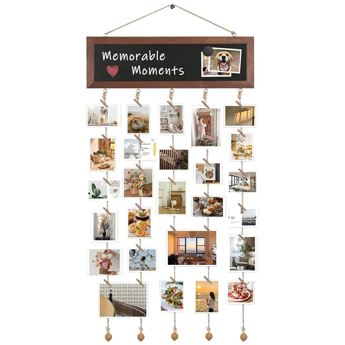 Wooden Hanging Picture Frame Display String Ropes with 30 Clips Writable Blackboard - A-1 Thread Vault