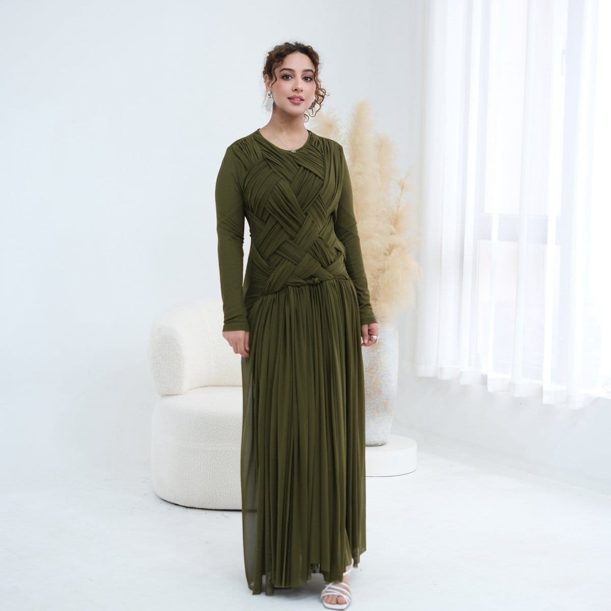 Woven Cross-Strap Bodice Mesh Maxi Dress(MS454) - A-1 Thread Vault