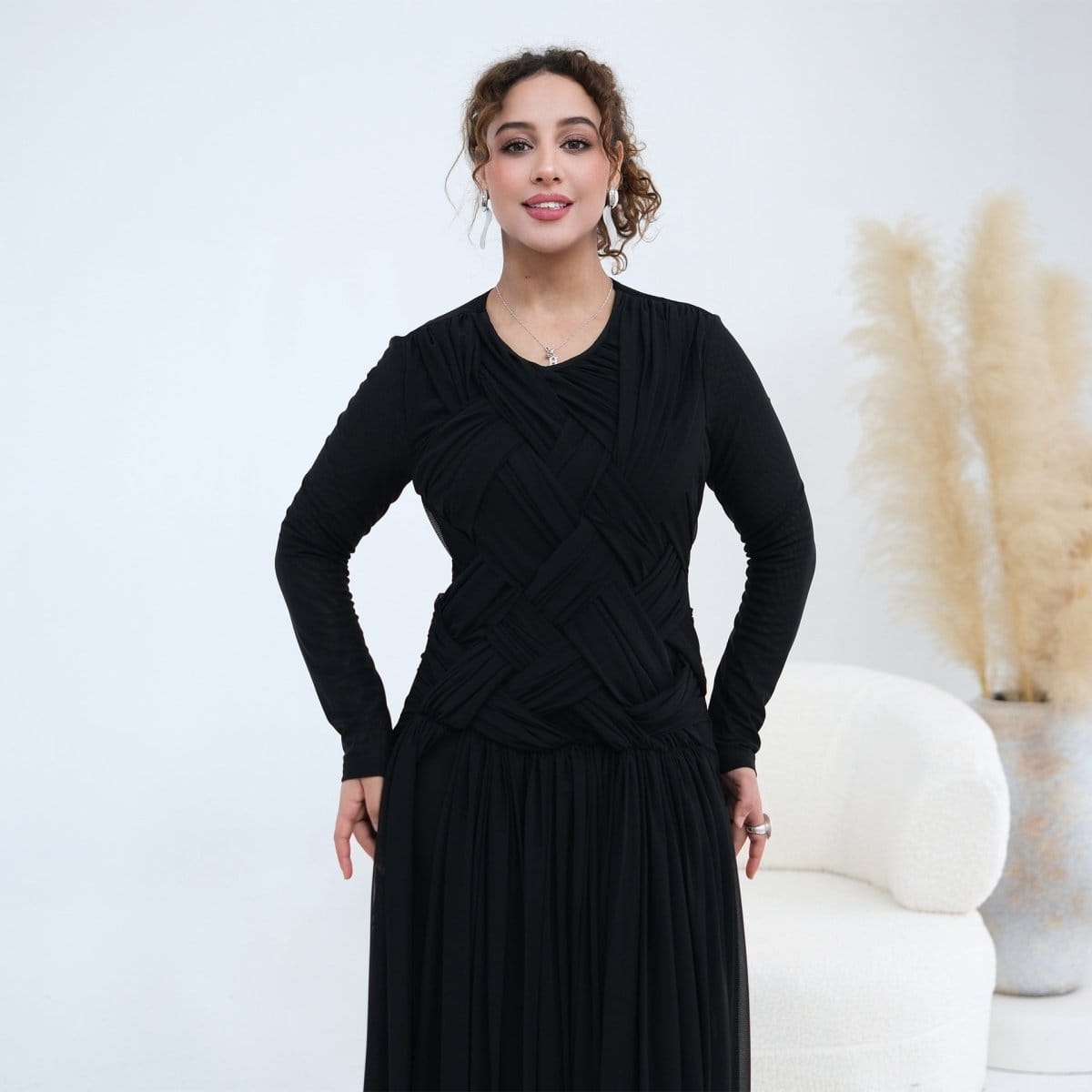 Woven Cross-Strap Bodice Mesh Maxi Dress(MS454) - A-1 Thread Vault