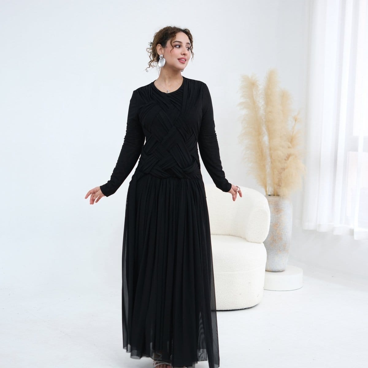 Woven Cross-Strap Bodice Mesh Maxi Dress(MS454) - A-1 Thread Vault