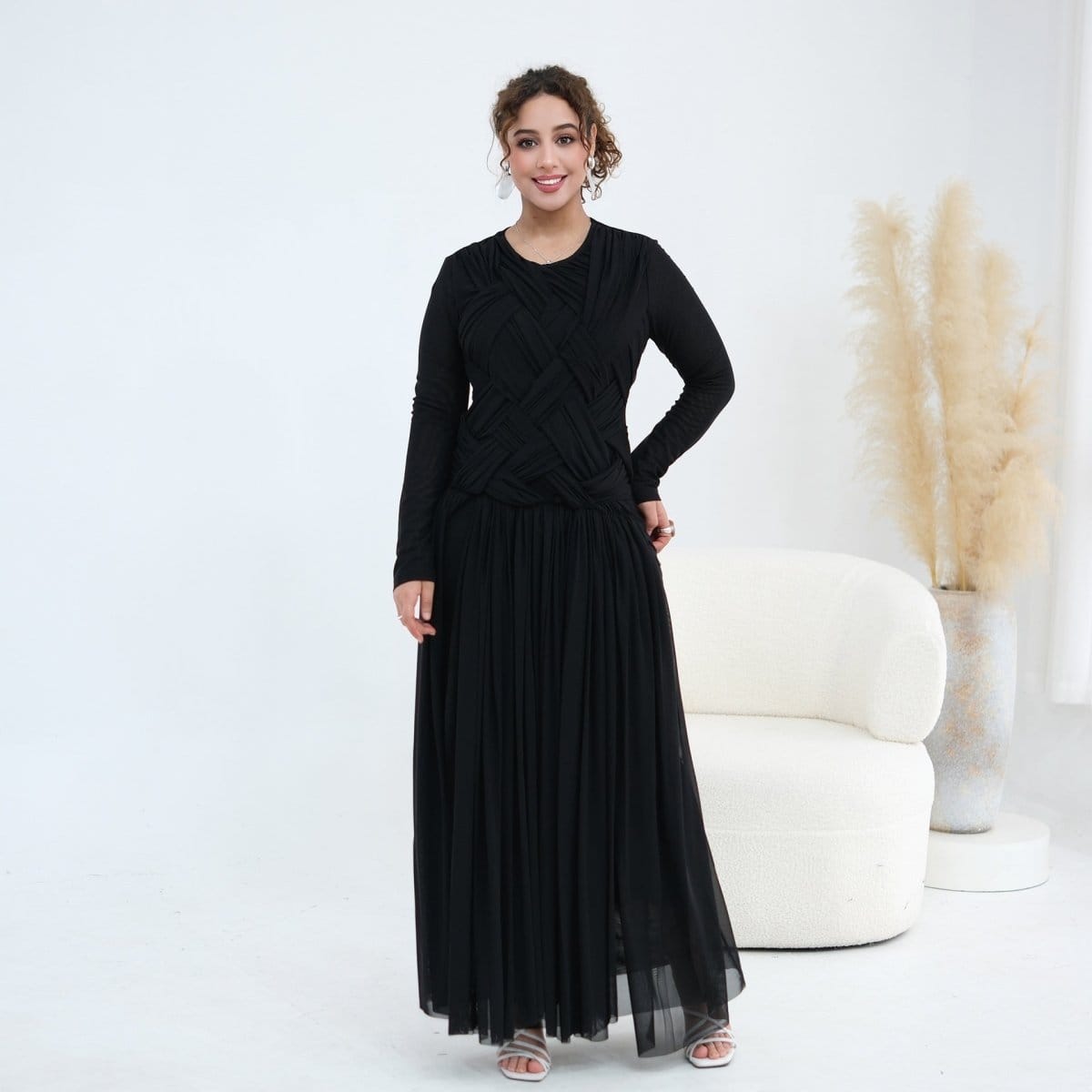 Woven Cross-Strap Bodice Mesh Maxi Dress(MS454) - A-1 Thread Vault