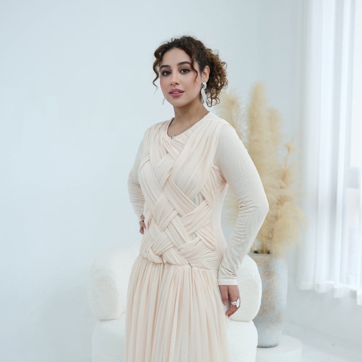 Woven Cross-Strap Bodice Mesh Maxi Dress(MS454) - A-1 Thread Vault