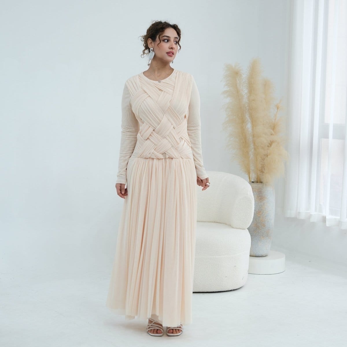 Woven Cross-Strap Bodice Mesh Maxi Dress(MS454) - A-1 Thread Vault