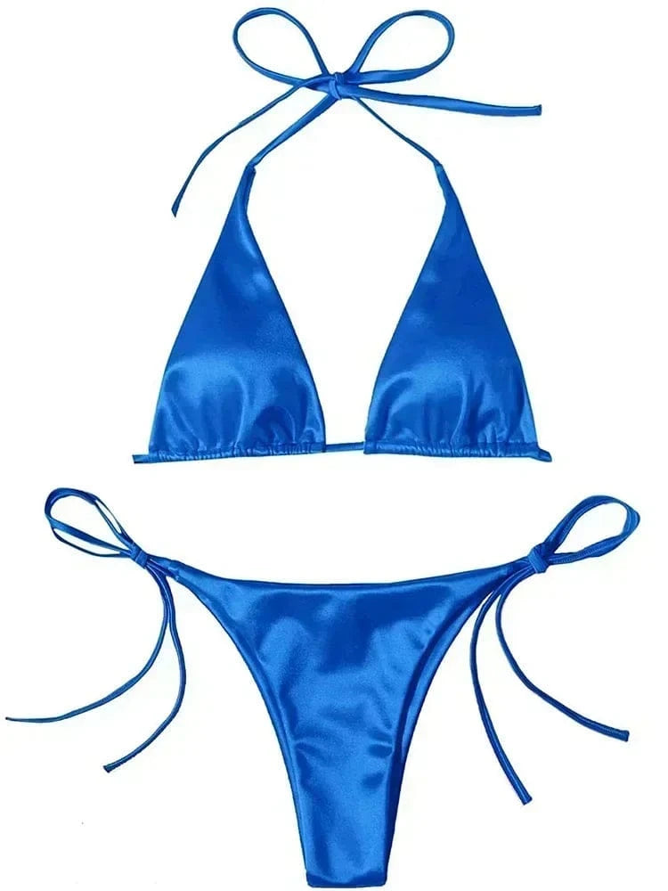 A two-piece bikini set in a vibrant blue satin fabric featuring a halter-neck triangle top with tie closures and matching side-tie bikini bottoms.