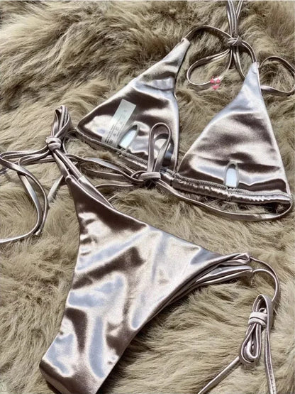 Wrap Around Halter Metallic Satin Bikini Women Swimwear Female Swimsuit Two-pieces Bikini Set Brazilian Bathing Suit Swim Lady - A-1 Thread Vault