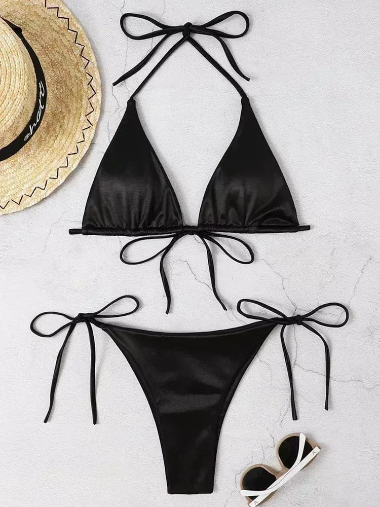 Wrap Around Halter Metallic Satin Bikini Women Swimwear Female Swimsuit Two-pieces Bikini Set Brazilian Bathing Suit Swim Lady - A-1 Thread Vault