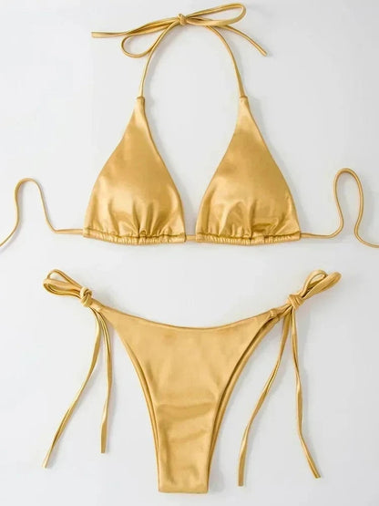 Wrap Around Halter Metallic Satin Bikini Women Swimwear Female Swimsuit Two-pieces Bikini Set Brazilian Bathing Suit Swim Lady - A-1 Thread Vault