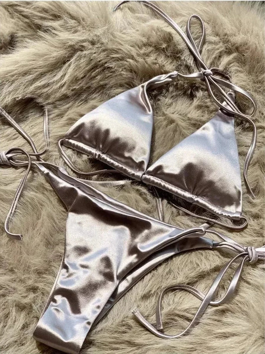 Wrap Around Halter Metallic Satin Bikini Women Swimwear Female Swimsuit Two-pieces Bikini Set Brazilian Bathing Suit Swim Lady - A-1 Thread Vault