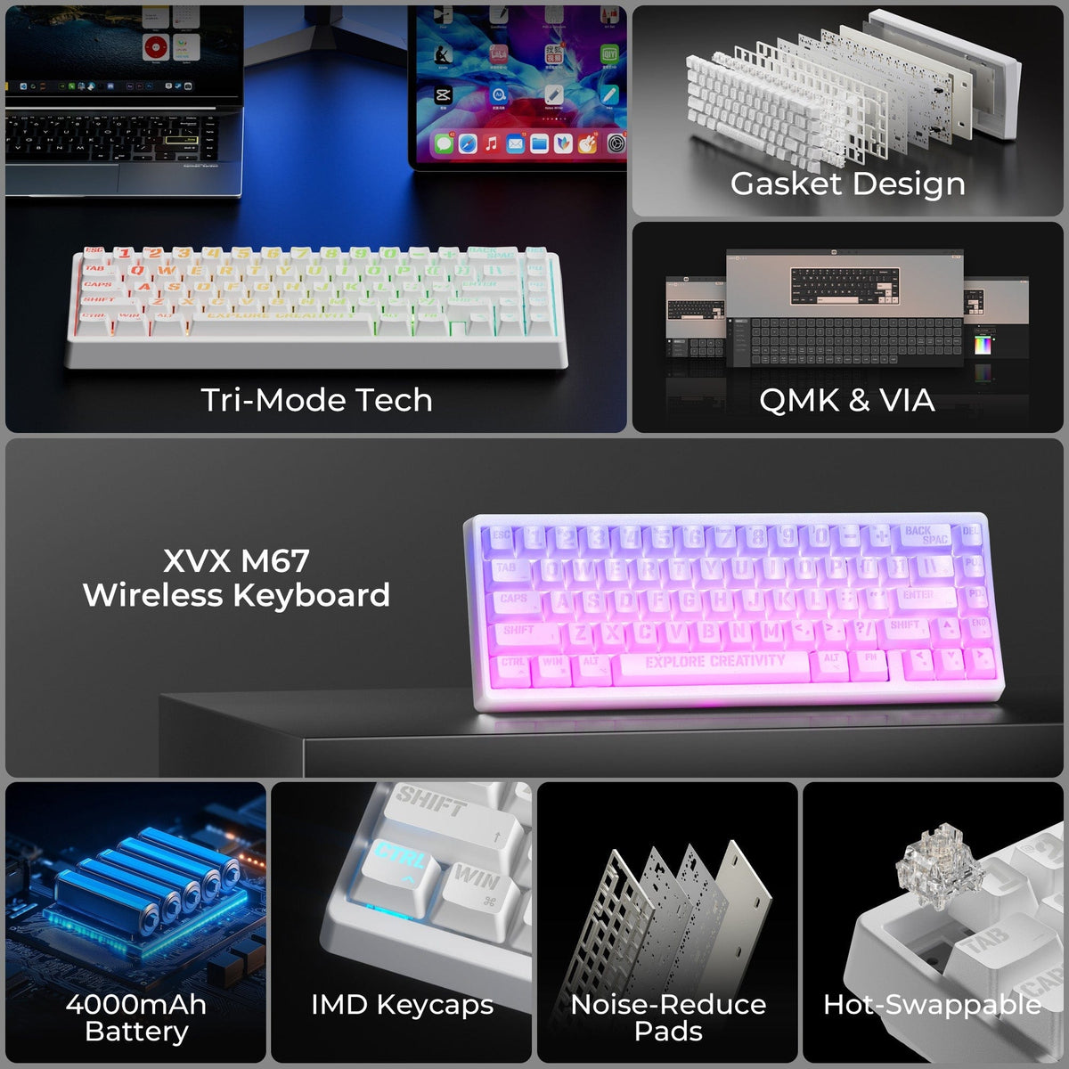 XVX M67 JadeStone Miami Tri-Mode RGB Mechanical Keyboard - A-1 Thread Vault