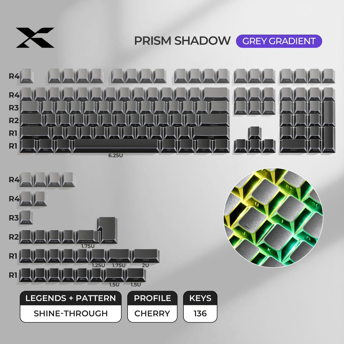 XVX PRISM Shadow Shine-Through Double-Shot Cherry Profile PBT Keycap Set - A-1 Thread Vault