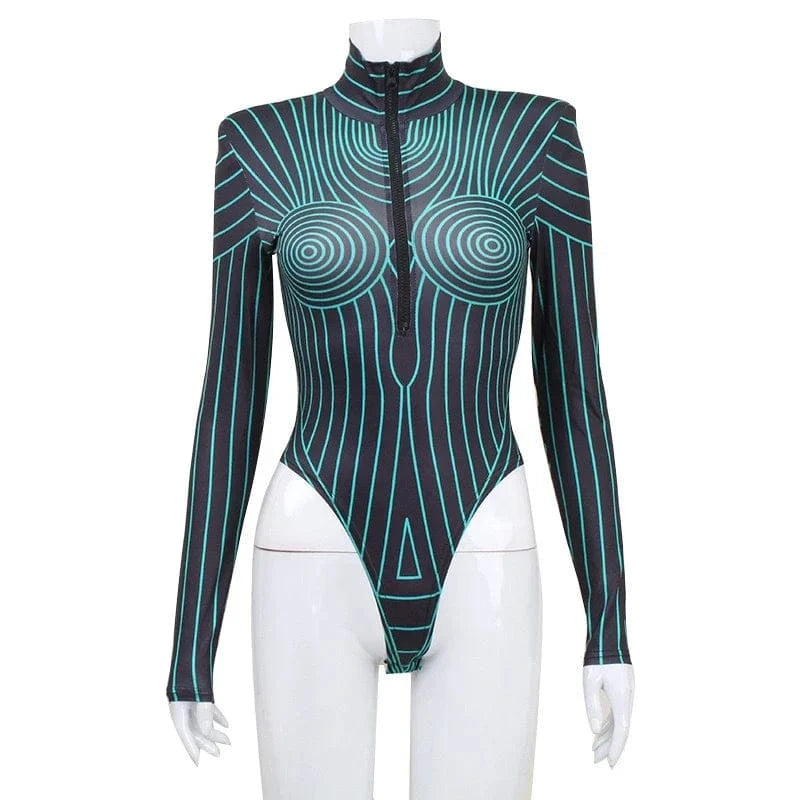 Y2K Sexy Streetwear Women Long Sleeve Fluorescent Striped Graphic Bodysuits Skinny Shoulder Pads Zip Up Top Romper Feminino - A-1 Thread Vault
