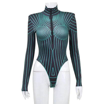 Y2K Sexy Streetwear Women Long Sleeve Fluorescent Striped Graphic Bodysuits Skinny Shoulder Pads Zip Up Top Romper Feminino - A-1 Thread Vault