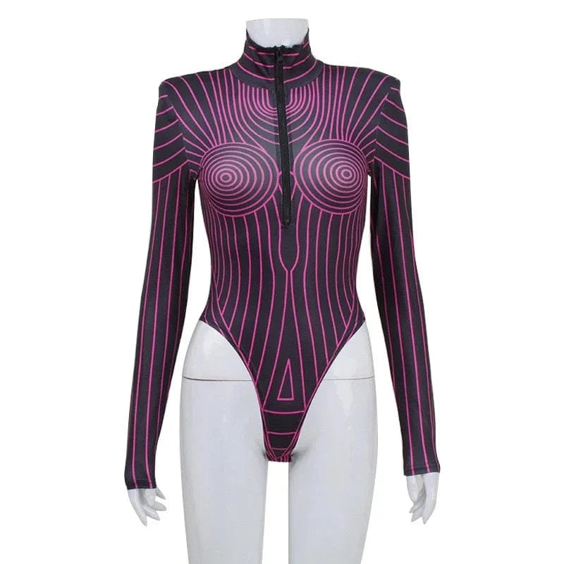Y2K Sexy Streetwear Women Long Sleeve Fluorescent Striped Graphic Bodysuits Skinny Shoulder Pads Zip Up Top Romper Feminino - A-1 Thread Vault