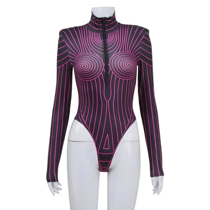Y2K Sexy Streetwear Women Long Sleeve Fluorescent Striped Graphic Bodysuits Skinny Shoulder Pads Zip Up Top Romper Feminino - A-1 Thread Vault