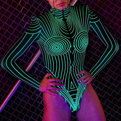 Y2K Sexy Streetwear Women Long Sleeve Fluorescent Striped Graphic Bodysuits Skinny Shoulder Pads Zip Up Top Romper Feminino - A-1 Thread Vault