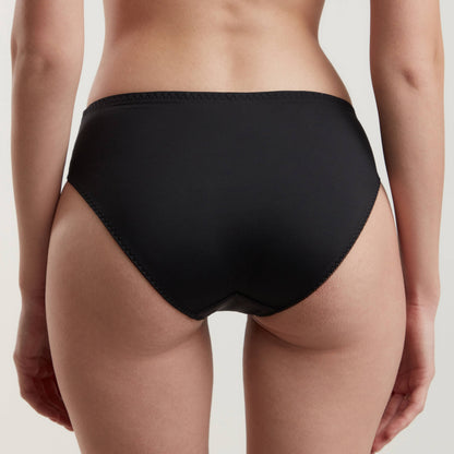 Black bikini-style panties with a simple cut worn from the back view against a plain light gray background.
