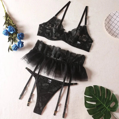 Yimunancy Lace Bra Set Women Transparent Mesh Patchwork Sexy Lingerie Set Floral Garter Brief Underwear Set - A-1 Thread Vault