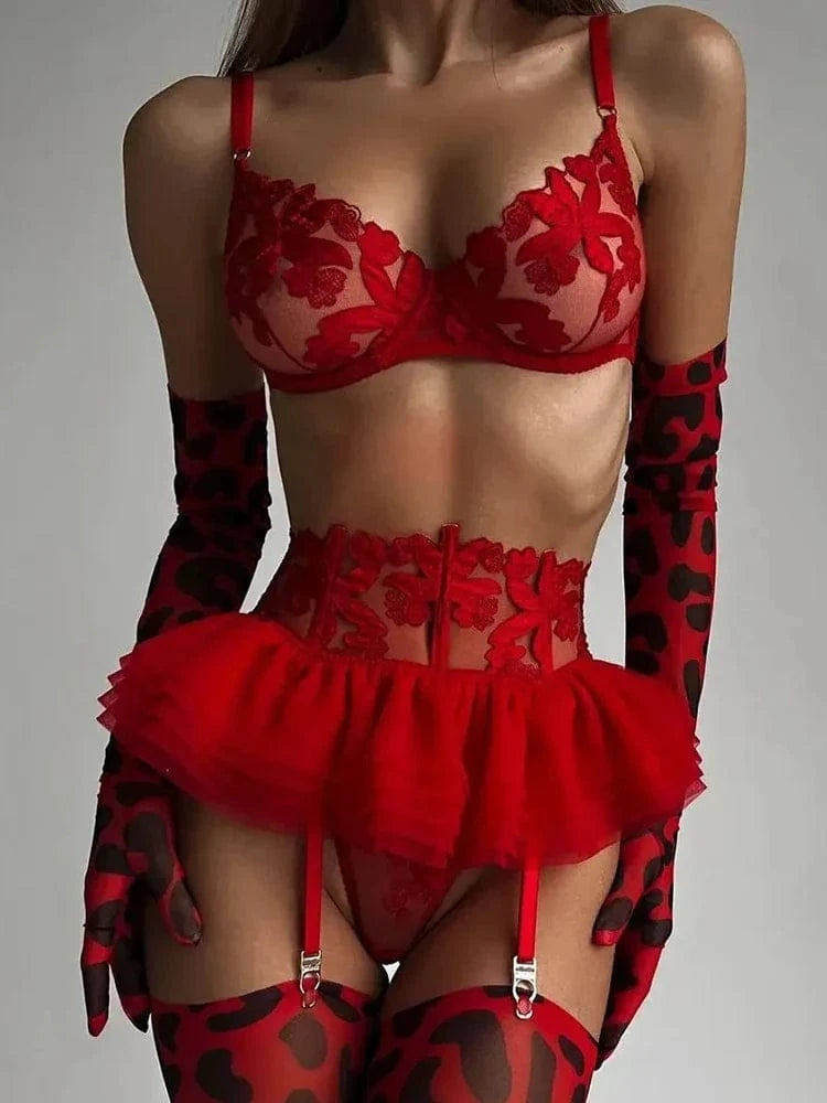 Yimunancy Lace Bra Set Women Transparent Mesh Patchwork Sexy Lingerie Set Floral Garter Brief Underwear Set - A-1 Thread Vault