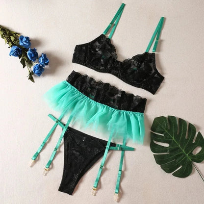 Yimunancy Lace Bra Set Women Transparent Mesh Patchwork Sexy Lingerie Set Floral Garter Brief Underwear Set - A-1 Thread Vault