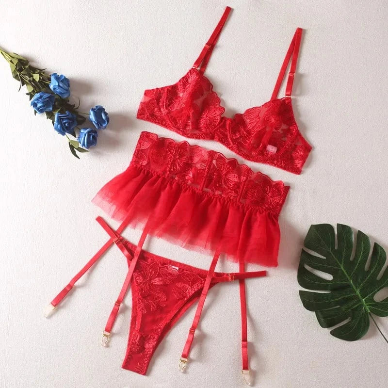 Yimunancy Lace Bra Set Women Transparent Mesh Patchwork Sexy Lingerie Set Floral Garter Brief Underwear Set - A-1 Thread Vault